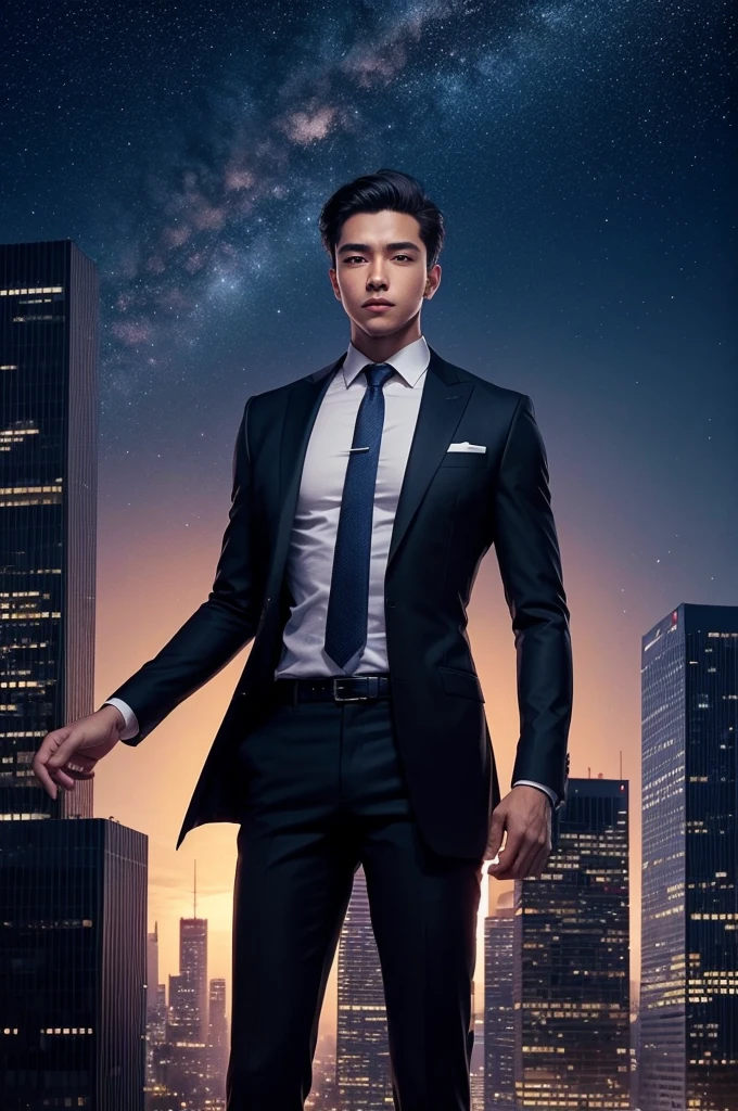 Draw a scene of an executive(a) young and confident, standing tall atop a skyscraper, looking at a city lit up at night. The setting should convey a sense of accomplishment and power, with the starry sky symbolizing infinite possibilities."