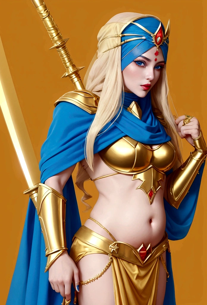 She-Ra with blue turban headdress,She's wearing a belly dancing skirt,Golden boots,。Long blond hair,blue eyes and red lips。 She holds a laser sword, A red veil covers her face