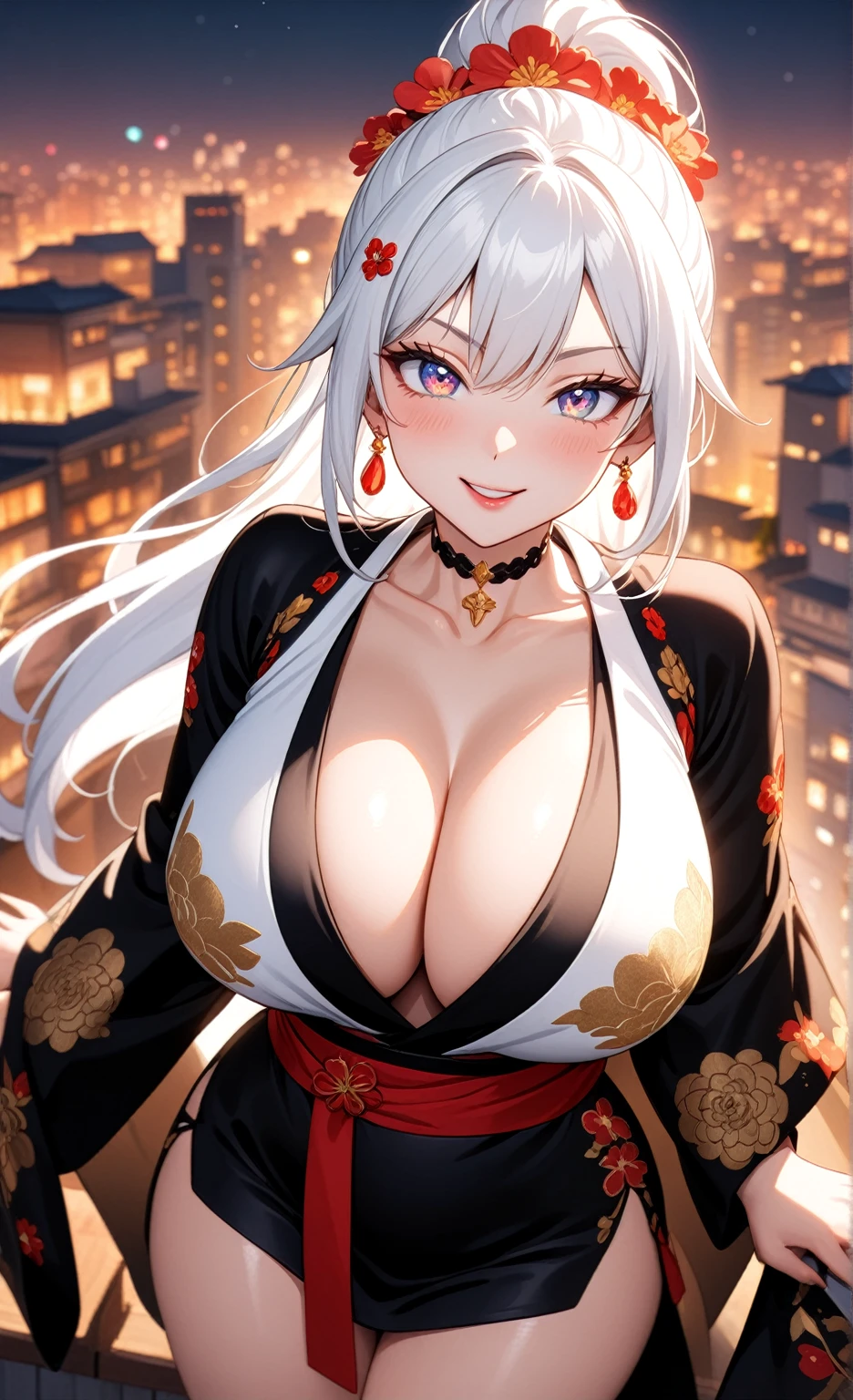 ((One personの女性)), Beautiful Face, (smile shyly), (smirk), ((Wink:1.9)), Laugh with your mouth wide open,((Bright red cheeks:1.4)),Shiny red lips,night, rooftop, firework, Glossy pink lips,Facial lighting,((Anime style background)),masterpiece, Highest quality, so beautiful,up to date, Complex details, (Pink long nails), (ring),(bracelet),(choker),AI-generated, Complex,High resolution, Highest quality, super high quality,3D Images、3D Images, looking at viewer, One person,Long white hair,High Ponytail,(blue eyes),Anime woman posing for a photo, ((Fine grain、Silvery white colorful eyes、Shining Eyes:1.3)),(Squint your eyes:1.1),a hyperRealistic , hyperRealistic , Realistic,Anime woman with long white hair, Smooth anime CG art, A woman in a colorful kimono with gold embroidery, (Black long sleeve kimono),Red floral pattern,Long flower hair ornament,Earrings,Mature Body,(Big Breasts:1.1),Tall,Abdominal muscles,Narrow waist,(Zoom up to face:), ((from above)),