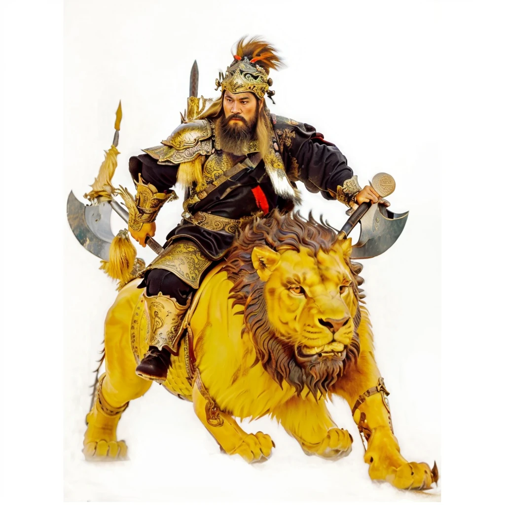 a wild beard ancient chinese warrior with armour holding axes, riding on a lion looked monster, black robe,Gourd on the back,tusk on the lion