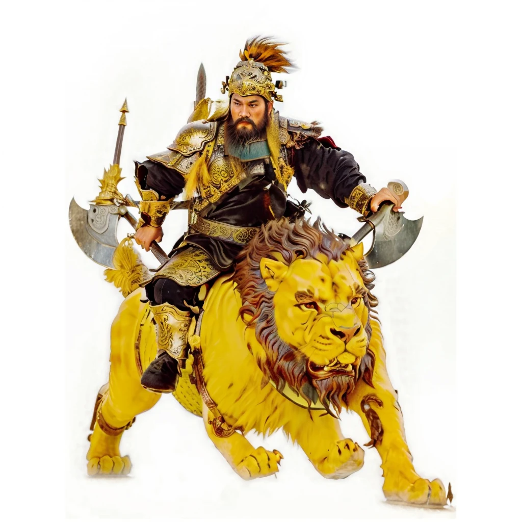 a wild beard ancient chinese warrior with armour holding axes, riding on a lion looked monster, black robe,Gourd on the back,tusk on the lion