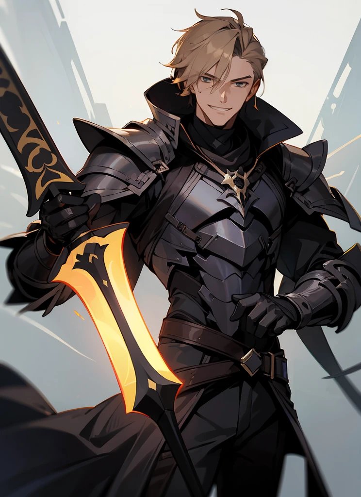 1 , handsome fashion hair,bronze hair highlightwhite, fanstasy, smile face, male ,fantasy, reaper, hunter with blackshortsword, villian face, black armor , darkness wolrd, bad