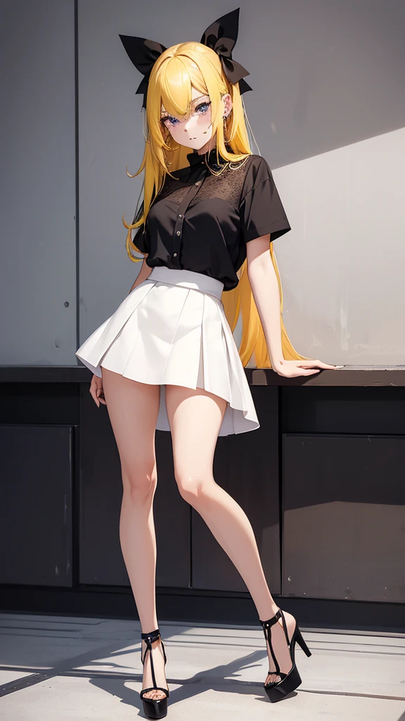 Beautiful woman, yellow hair, long hair, black eyes, freckles on face, white shirt, black edges shirt, blue miniskirt, white edges miniskirt, high heels, two-tone high heels, red bow miniskirt