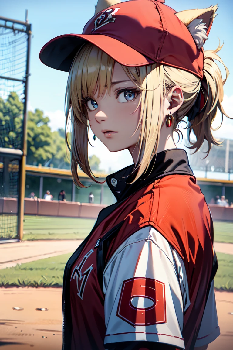 ((At the baseball field with the cat)),((Cat ears)), ((Sleeveless)),((Wine Red Baseball Cap)),((Wearing a wine red baseball uniform))、((Red jacket))、 Blonde Hair, 短めponytail, (Blonde Hair, short,ponytail), Pale blue eyes,Closed Mouth、Hoop Earrings, Jewelry,(Best Quality, 8k, Oil painting, Mastepiece:1.2), Super detailed, (Realism, It&#39;s photorealistic:1.37), (((Bust Shot))),