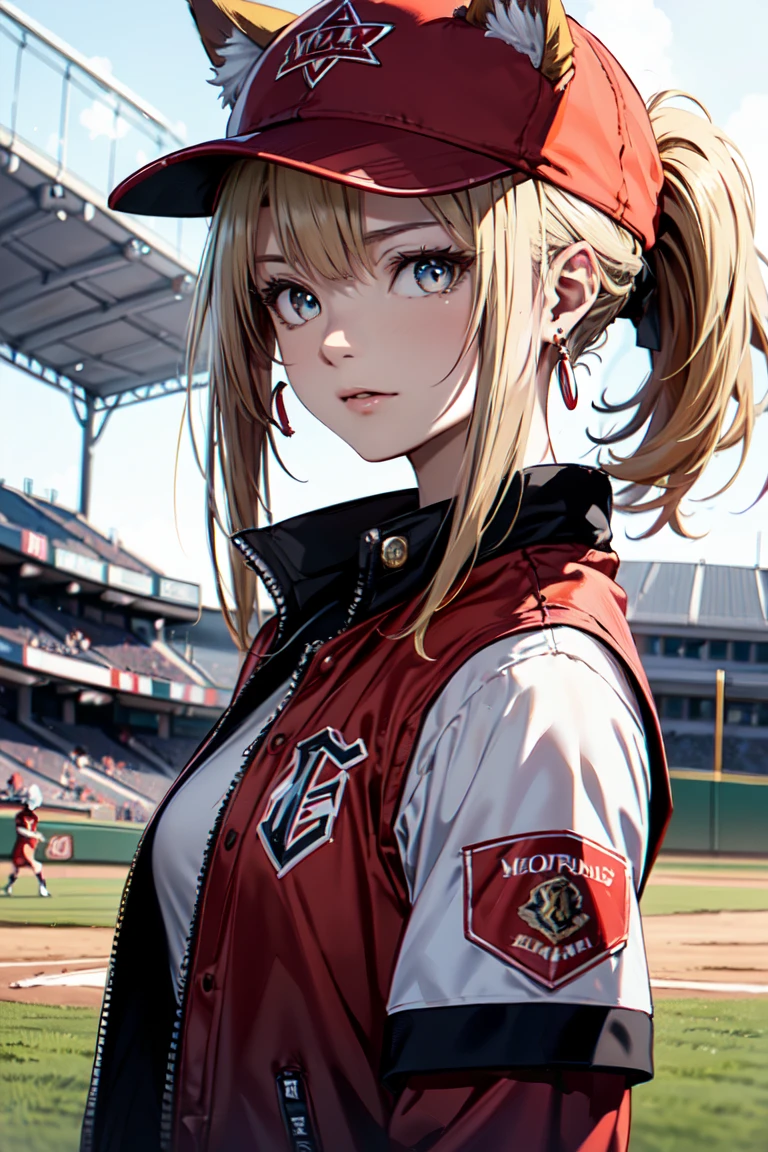 ((At the baseball field with the cat)),((Cat ears)), ((Sleeveless)),((Wine Red Baseball Cap)),((Wearing a wine red baseball uniform))、((Red jacket))、 Blonde Hair, 短めponytail, (Blonde Hair, short,ponytail), Pale blue eyes,Closed Mouth、Hoop Earrings, Jewelry,(Best Quality, 8k, Oil painting, Mastepiece:1.2), Super detailed, (Realism, It&#39;s photorealistic:1.37), (((Bust Shot))),