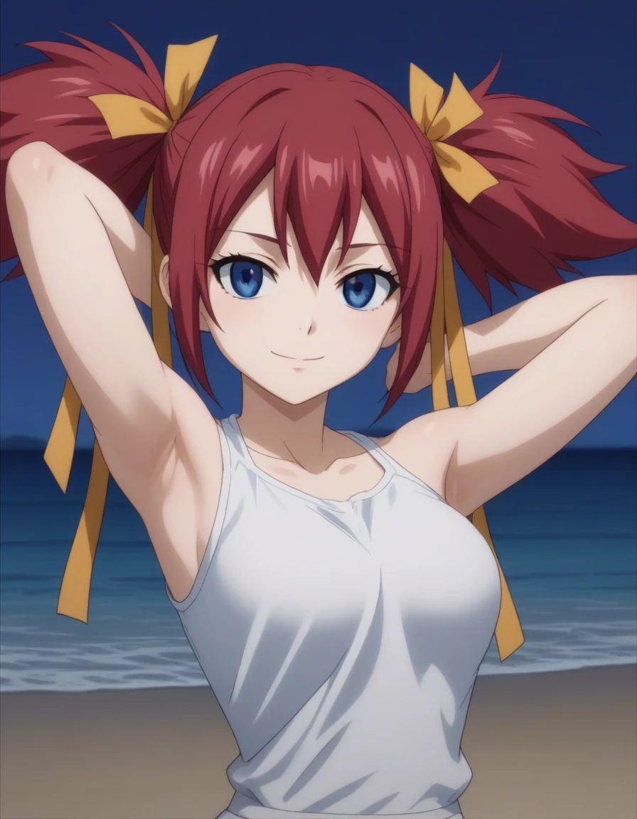 chelia_blendy, source_anime, rating_safe, intricate details, anime screencap, anime coloring, 1girl, solo,  red hair, blue eyes, ribbon, hair ribbon, twintails, short twintails, looking at viewer, solo, contrapposto, spread armpit, arms behind head, smile, looking at viewer, (cowboy shot:1.5), closed mouth, night sky, beach, high quality,