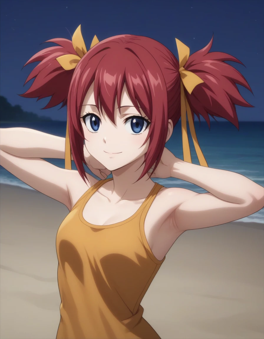 chelia_blendy, source_anime, rating_safe, intricate details, anime screencap, anime coloring, 1girl, solo,  red hair, blue eyes, ribbon, hair ribbon, twintails, short twintails, looking at viewer, solo, contrapposto, spread armpit, arms behind head, smile, looking at viewer, (cowboy shot:1.5), closed mouth, night sky, beach, high quality,