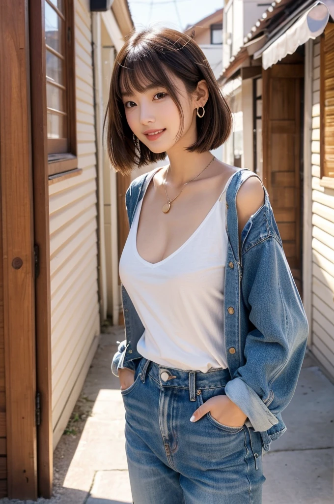 (girl with:1.3), Short hair, Amazing face and eyes, Looking at the camera, Smile full of joy、show teeth、like a whore、Squatting with the crotch、Hands behind the head、Show the armpits、(denim sleeveless vest、denim hot-pants:1.2)、(Best Quality:1.4), extremely detailed CG unified 8k wallpaper, Highly detailed, High-definition raw color photos, professional photograpy, Realistic full-body shots, Indoor photography、Plain wallpaper, sexy portrait of girl