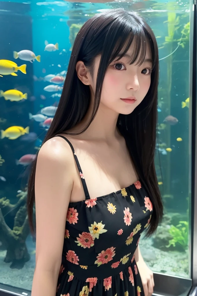 A Japanese girl in her 20s with long black hair、She is wearing a cute dress that shows off her shoulders.、aquarium