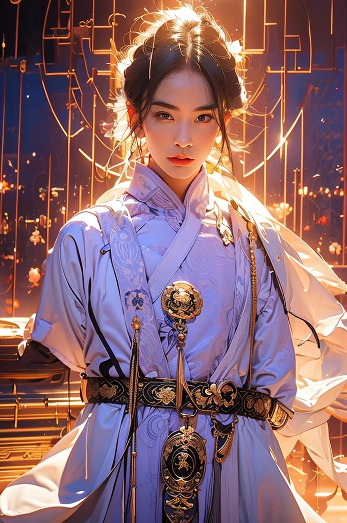 a man in a white robe, young and handsome man, ponytail, waist-length hair, ancient Chinese clothing, qi, a huge saber, ancient Chinese buildings in the background, night, powerful character, purple rays, a beautiful landscape. Detailed face, thick eyebrows, black eyes, 8k, robe embroidered with gold edges, detailed clothing, xianxia, ​​world of cultivation. ((upper body))