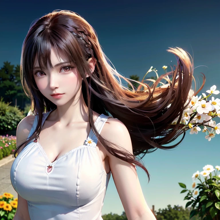 Highest quality, 1 girl, (Hollow surface), (big breast), (day), bright, blurred background, outdoor, (road:0.6), (hair:1.5), (Women's blouses:1.5), beautiful, (hair Float:1.5), soft light, wind, garden, road