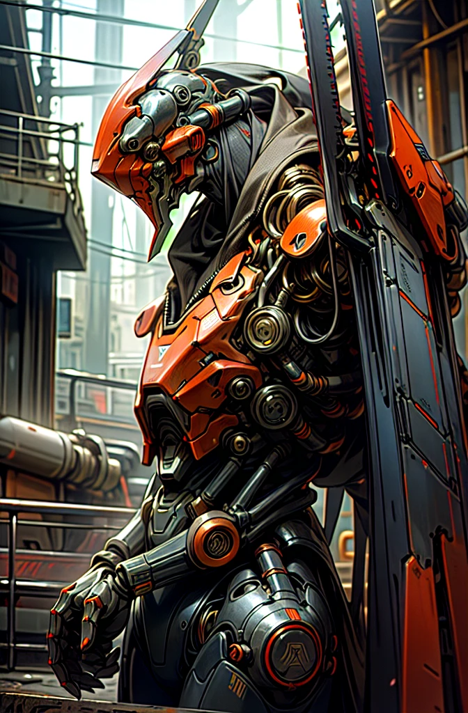 Dark_Fantasy,Cyberpunk,(chain saw,chain saw man,Red:1.1),1man,Mechanical marvel,Robotic presence,Cybernetic guardian, wearing a worn-out mech suit, intricate, (steel metal [rusty]), elegant, clear focus, shot by greg rutkowski, soft lighting, vibrant colors, masterpiece, ((street)), cowboy shot, dynamic pose,