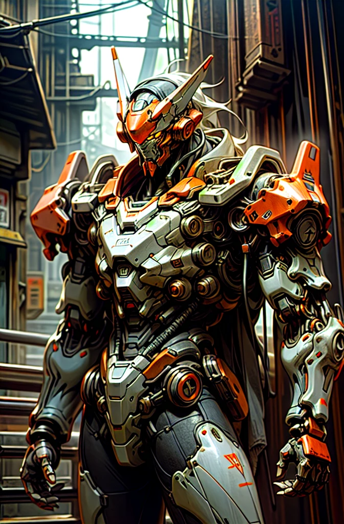 Dark_Fantasy,Cyberpunk,(chain saw,chain saw man,Red:1.1),1man,Mechanical marvel,Robotic presence,Cybernetic guardian, wearing a worn-out mech suit, intricate, (steel metal [rusty]), elegant, clear focus, shot by greg rutkowski, soft lighting, vibrant colors, masterpiece, ((street)), cowboy shot, dynamic pose,
