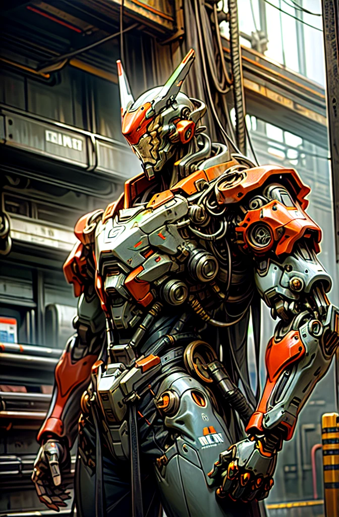 Dark_Fantasy,Cyberpunk,(chain saw,chain saw man,Red:1.1),1man,Mechanical marvel,Robotic presence,Cybernetic guardian, wearing a worn-out mech suit, intricate, (steel metal [rusty]), elegant, clear focus, shot by greg rutkowski, soft lighting, vibrant colors, masterpiece, ((street)), cowboy shot, dynamic pose,