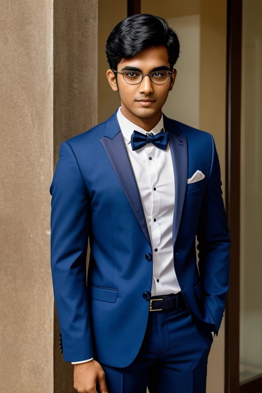 Prompt: 21 year old indian boy With fair skin Wearing spectacles and narrow body Posing for a linkedin picture in formals
