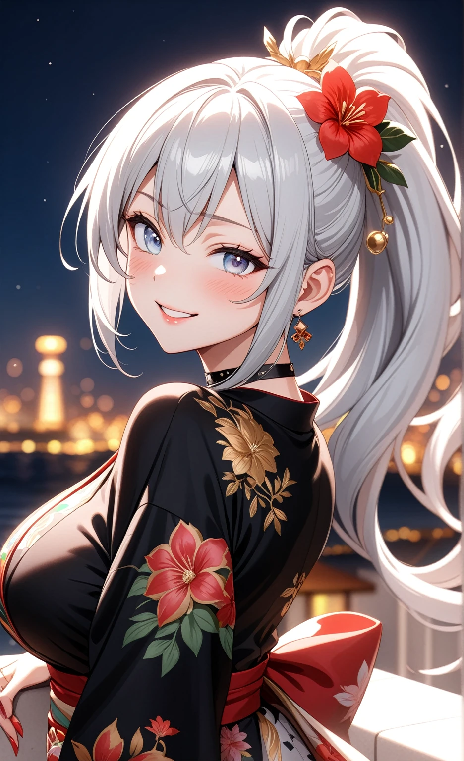 ((One personの女性)), Beautiful Face, (smile shyly), embarrassed,  ((Wink:1.9)), Laugh with your mouth wide open,((Bright red cheeks:1.4)),Shiny red lips,night,横浜のnight景,You can see the ocean, firework,,Glossy pink lips,Facial lighting,((Anime style background)),masterpiece, Highest quality, so beautiful,up to date, Complex details, (Pink long nails),  (ring),(bracelet),(choker),AI-generated, Complex,High resolution, Highest quality, super high quality,3D Images、3D Images,One person,Long white hair,High Ponytail,(blue eyes),Anime woman posing for a photo, ((Fine grain、Silvery white colorful eyes、Shining Eyes:1.3)),(Squint your eyes:1.1),a hyperRealistic , hyperRealistic , Realistic,Anime woman with long white hair, Smooth anime CG art, A woman in a colorful kimono with gold embroidery, (Black long sleeve kimono),Red floral pattern,Long flower hair ornament,Earrings,Mature Body,(Big Breasts:1.1),Tall,Abdominal muscles,Narrow waist,(Zoom up to face:1.2), ((from side)),