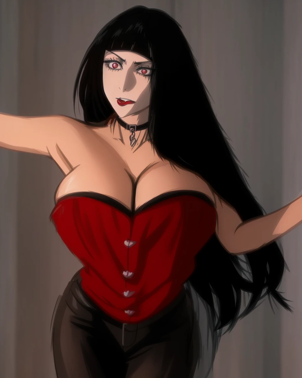 anime girl with long black hair sticking out her tongue, 1 7 - - old me goth girl, 1 7 - year - goth gi style of junji ito, anime vampires, goth girl, in the anime series ergo proxy, goth girl aesthetic, gothic maiden anime girl, raven black hair, style of madhouse anime, goth woman