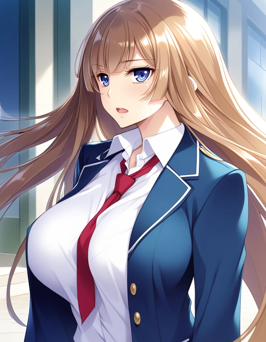 score_9, score_8_up, score_7_up, score_6_up, source_anime, game cg, beautiful detailed eyes, aoi_nagisa_\(metalder\), BREAK solo, 1girl, koukawa asuka, brown hair, long hair, blue eyes, bangs, side bangs, (huge breasts:0.8), medium body, BREAK school_uniform, blue jacket, (white collared blouse:1.1), tight clothes, red long necktie, BREAK expressionless, open mouth, model pose, outside, street, upper body,