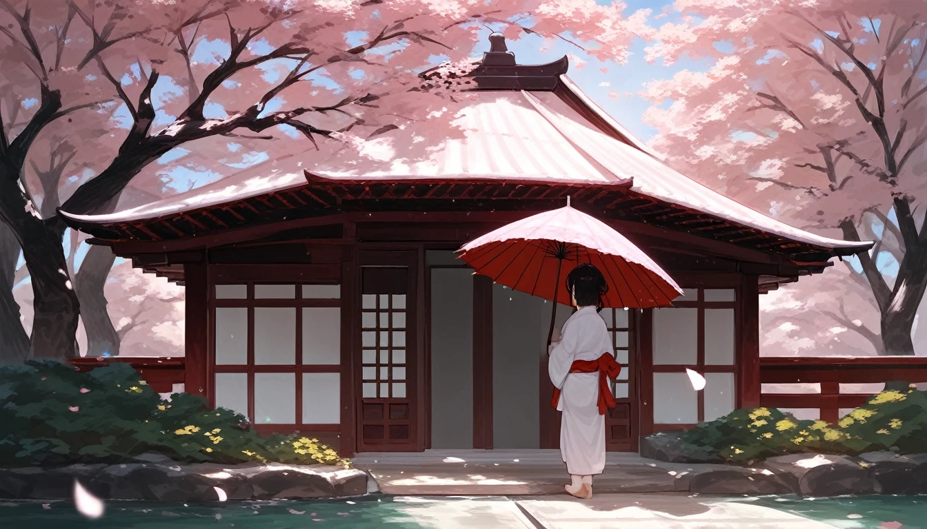 score_9, score_8_up, score_7_up, source_anime, detailed, 8k, cinematic angle, rating safe, wide shot, rainfall, a woman in kimono standing in japanese garden, tree, umbrella,