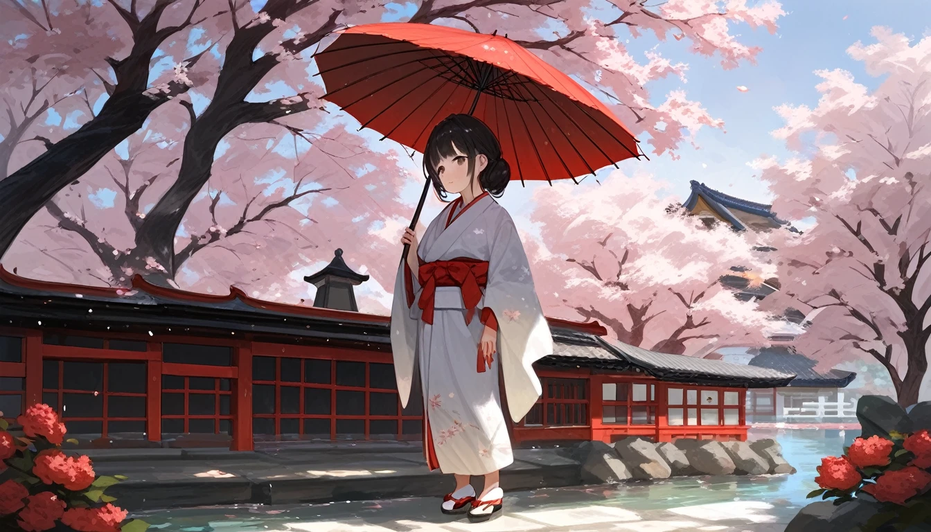 score_9, score_8_up, score_7_up, source_anime, detailed, 8k, cinematic angle, rating safe, wide shot, rainfall, a woman in kimono standing in japanese garden, tree, umbrella,