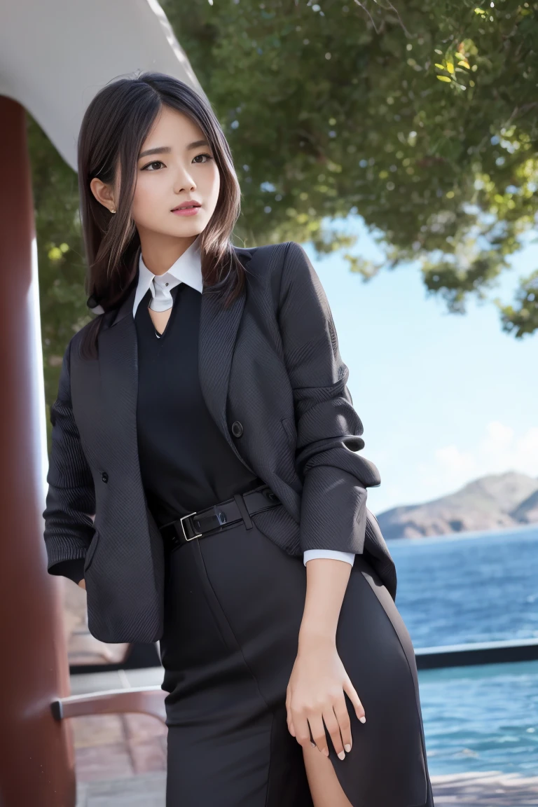 best quality,masterpiece,photorealistic,extremely detailed CG unity 8k wallpaper,1girl,suit,upper body,looking at the viewer,outdoors,sfw