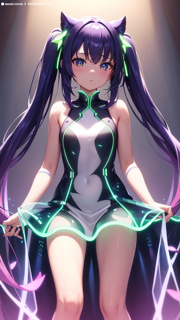 masterpiece, best quality, closed eyes, ecstasy, embrassed, blush, arched back, flying in the blue cyberspace background, prplhrtdef, long hair, straight hair, hair ornament, large breasts, full breasts (((((purple glowing body, glowing bodyskin)))), ((((purple glowing nude, glowing nude_only)))),