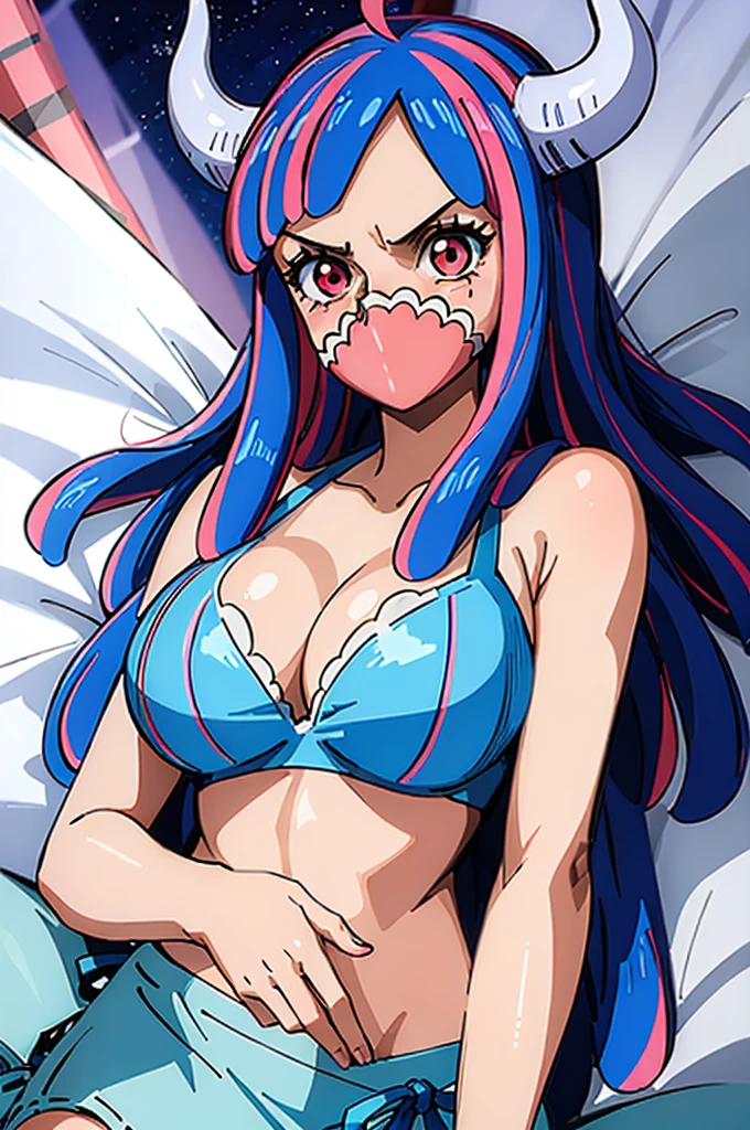 (masterpiece, Highest quality:1.4), Cinematic Light, colorful, High Contrast, (One girl), Alti OP, One Piece Anime, ((Large Breasts)), Multicolored Hair, Long Hair, Blue Hair, Pink Hair, bangs, horn, blush, Home, bed, Underarm, night, Blue Bikini