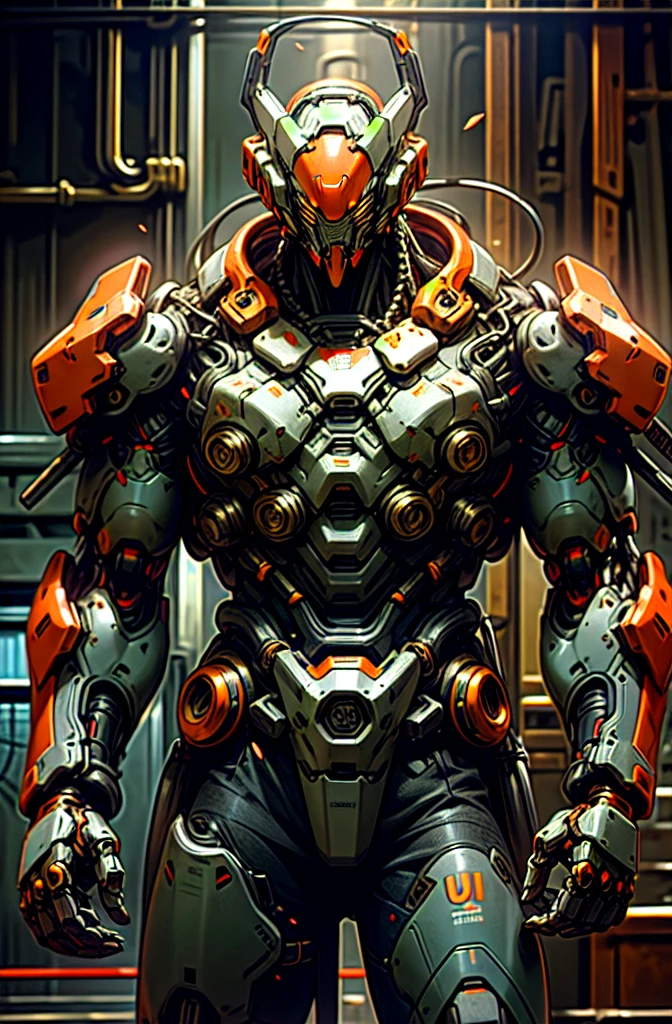 Dark_Fantasy,Cyberpunk,(chain saw,chain saw man,Red:1.1),1man,Mechanical marvel,Robotic presence,Cybernetic guardian, wearing a worn-out mech suit, intricate, (steel metal [rusty]), elegant, clear focus, shot by greg rutkowski, soft lighting, vibrant colors, masterpiece, ((street)), cowboy shot, dynamic pose,