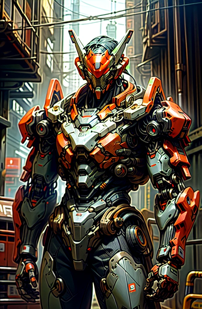 Dark_Fantasy,Cyberpunk,(chain saw,chain saw man,Red:1.1),1man,Mechanical marvel,Robotic presence,Cybernetic guardian, wearing a worn-out mech suit, intricate, (steel metal [rusty]), elegant, clear focus, shot by greg rutkowski, soft lighting, vibrant colors, masterpiece, ((street)), cowboy shot, dynamic pose,