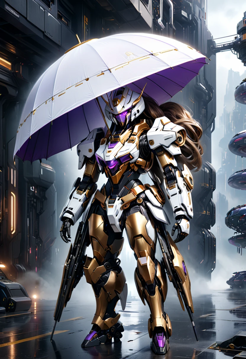 girl, beautiful, ((right hand holding sci-fi umbrella...)), perfect umbrella, (gold, black and purple white sci-fi armor), mecha elements, (best quality,4k,8k,highres,masterpiece:1.2),ultra-detailed,(realistic,photorealistic,photo-realistic:1.37),cinematic lighting, dramatic atmosphere, highly detailed face and eyes, intricate mechanical details, futuristic, sci-fi, concept art, full body: 0.7