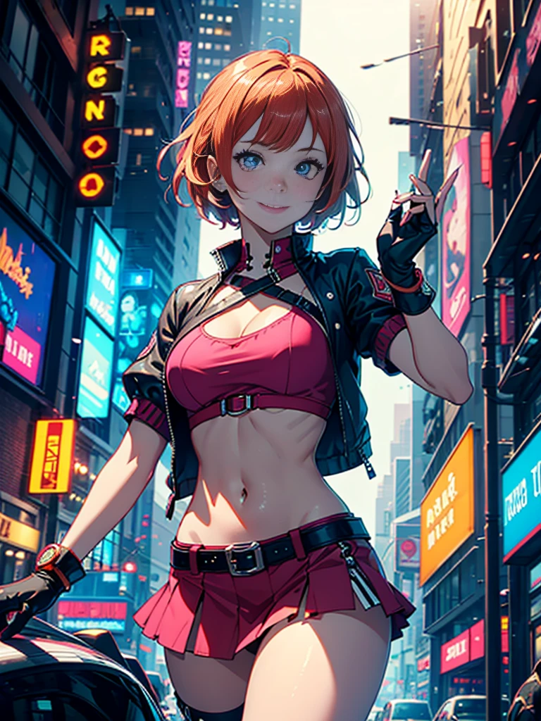 1 girl,cowboy shot, Beautiful Nora_Valkyrie, looking at the viewer, SMILE, short hair, Blue eyes,heart cutout, gloves, Jacket, pink skirt, pink belt, short sleeves, puffy sleeves, unique bracelet, fingerless gloves, Orange hair, pink gloves, dynamic pose, evening, outdoor, City, (volumetric lighting), Best Quality, Masterpiece, intricate details, Tone mapping, sharp focus, hyper detailed, trend on Artstation,