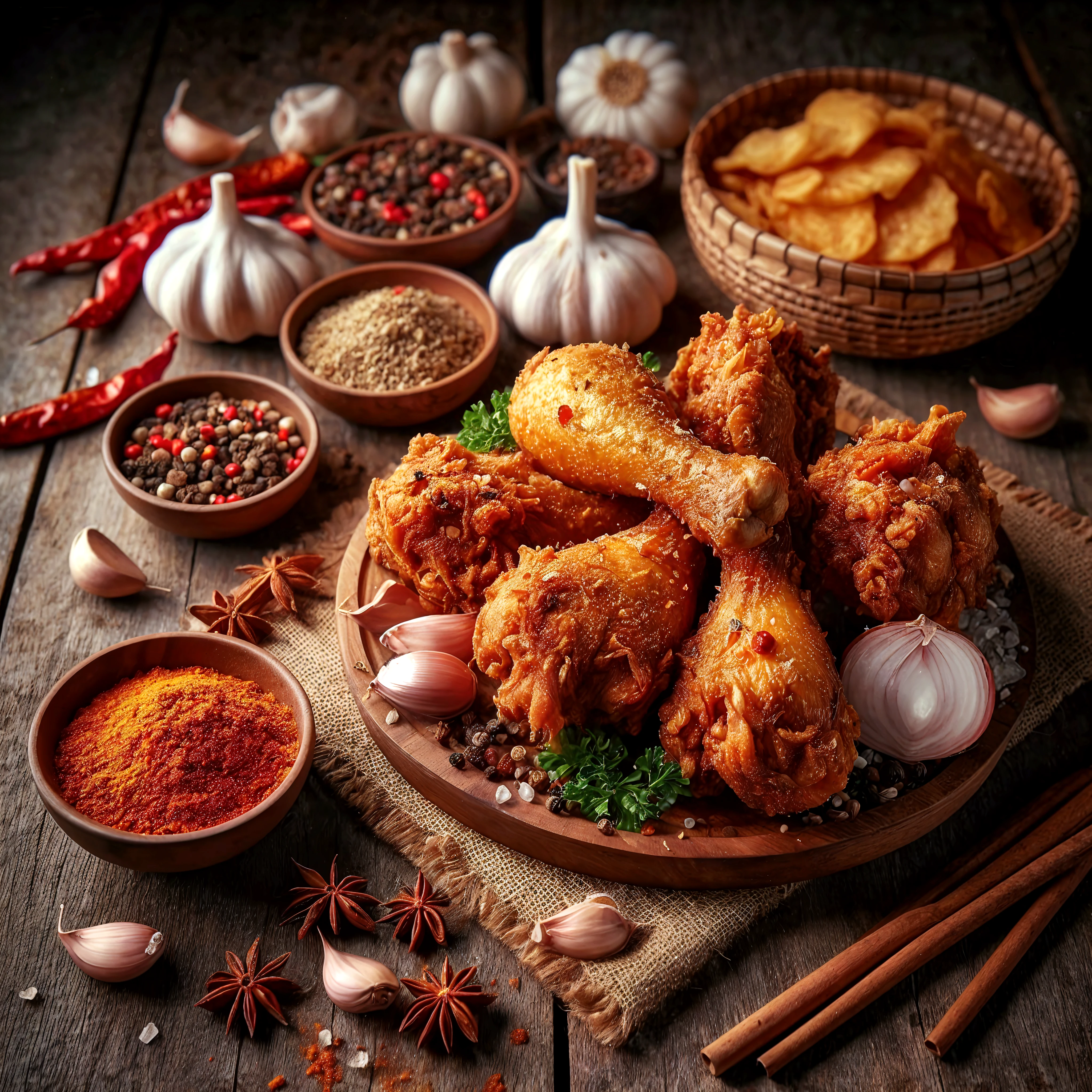 Asian Style Fried Chicken, surrounds by spices. Food photography.