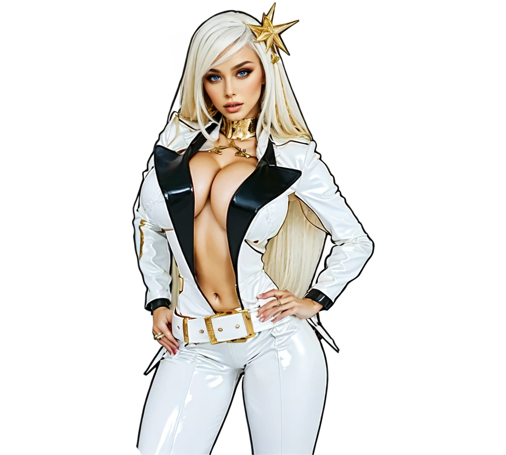 latin women, long white blond hair. gold hairclip,b lue eyes,white latex blazer Suit, gold Edge Hairclip,big black statin reevers, Big breast, white latex trousers, white belt.white latex long boots,standing