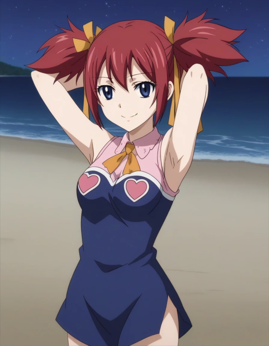chelia_blendy, source_anime, rating_safe, intricate details, anime screencap, anime coloring, 1girl, solo, red hair, blue eyes, ribbon, hair ribbon, twintails, short twintails, looking at viewer, solo, contrapposto, spread armpit, arms behind head, smile, looking at viewer, (cowboy shot:1.5), closed mouth, night sky, beach, high quality,