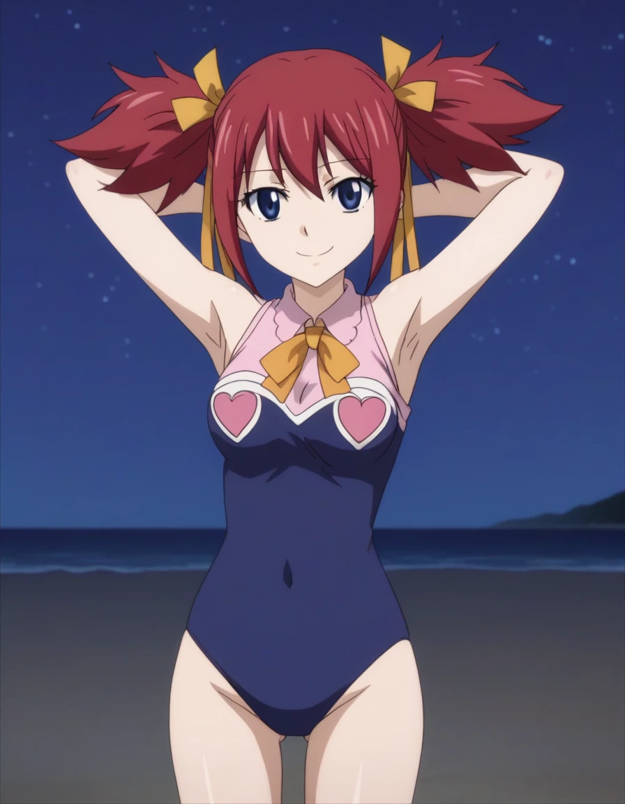 chelia_blendy, source_anime, rating_safe, intricate details, anime screencap, anime coloring, 1girl, solo,  red hair, blue eyes, ribbon, hair ribbon, twintails, short twintails, looking at viewer, solo, contrapposto, spread armpit, arms behind head, smile, looking at viewer, (cowboy shot:1.5), closed mouth, night sky, beach, high quality,
