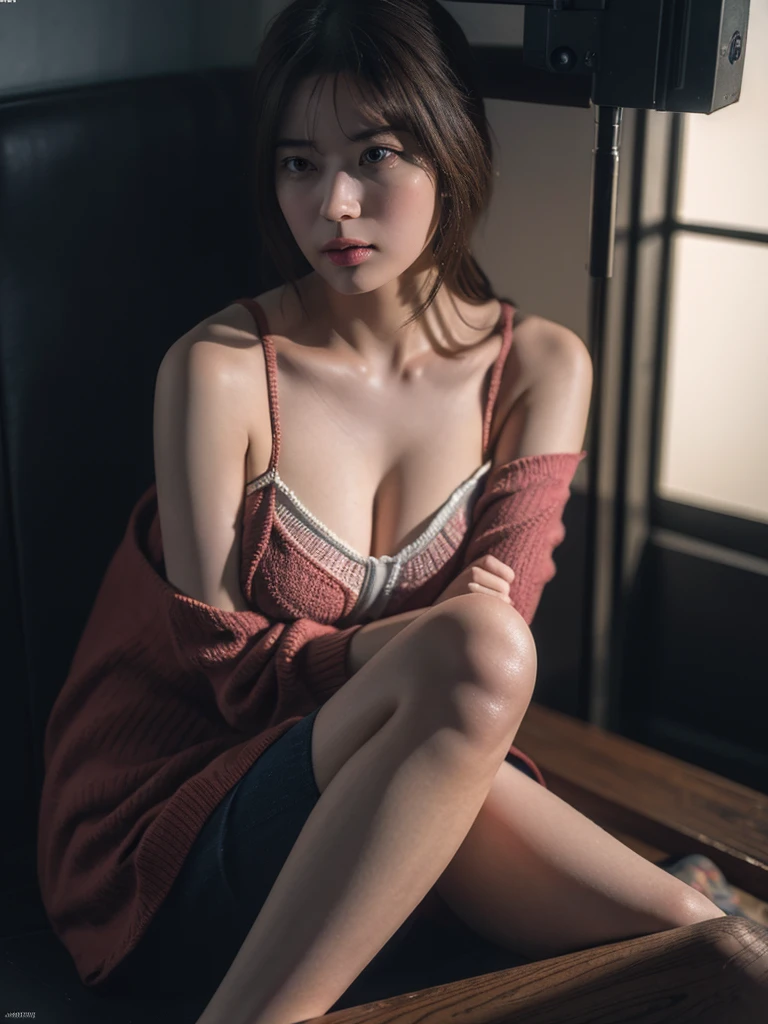 1girl, woman, masterpiece, best quality, highest quality, cinematic lighting, (volumetric lighting), extremely detailed CG unity 8k wallpaper, focused, 8k wallpaper, extremely detailed, ultra realistic, photorealistic, sharp focus, absurdres, (HDR:1.2), (high contrast), photograph, detailed and intricate, instagram, portrait, highly detailed, digital painting, artstation, concept art, smooth, sharp focus, illustration, cinematic lighting, (big breast:1.2), medium shoulder, (knee bent, sitting:1.5), show leg