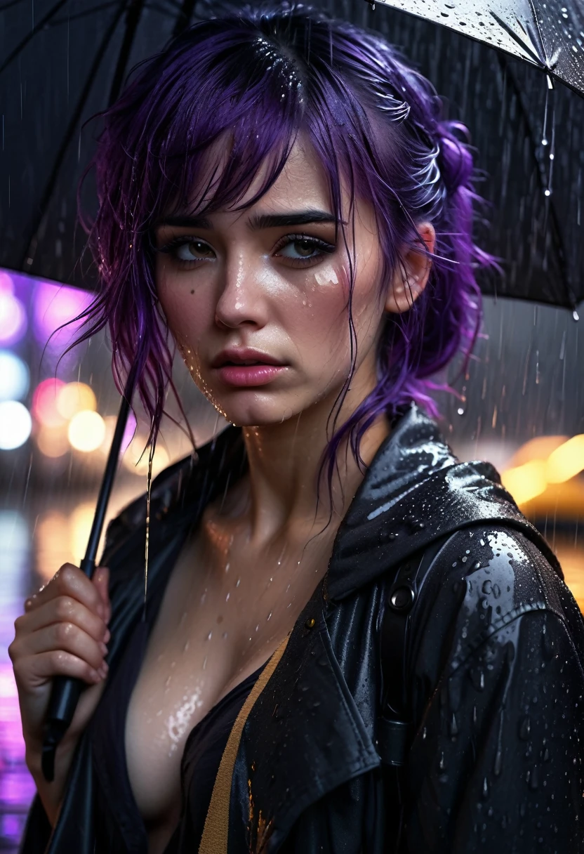 a  in sad expression under the black umbrella, hard rain, ragged clothes, tears, purple ribbon hair, dark night background, extremely detailed, epic digital photo art, artgerm, 8k, epic realism, heavy shower-rain, splash effect, light effect, dramatic effect