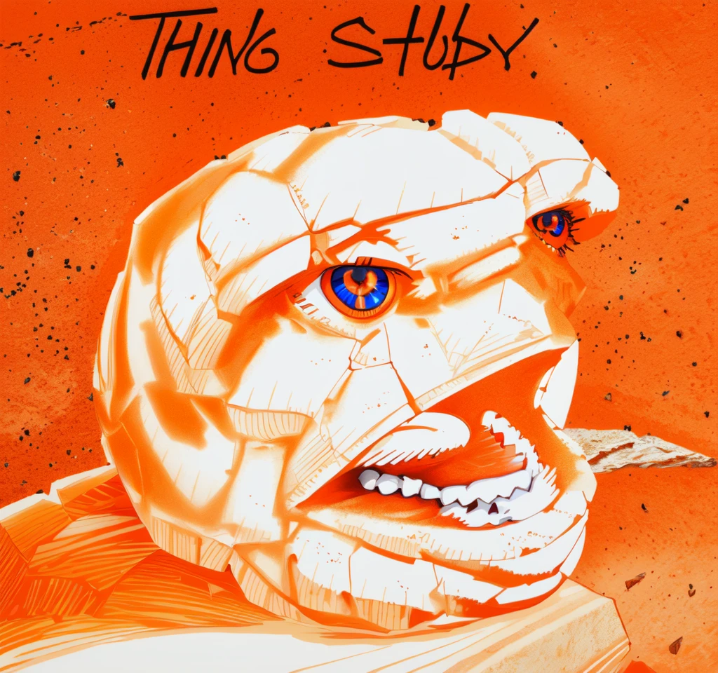 the Thing, he is a man made of orange ROCKS. Head is shaped like a round melon. blue pupils in white eyes. white teeth. red gum and tongue. each rock pebble fits onto the other like a stone wall with no cement. NO background, white backdrop.