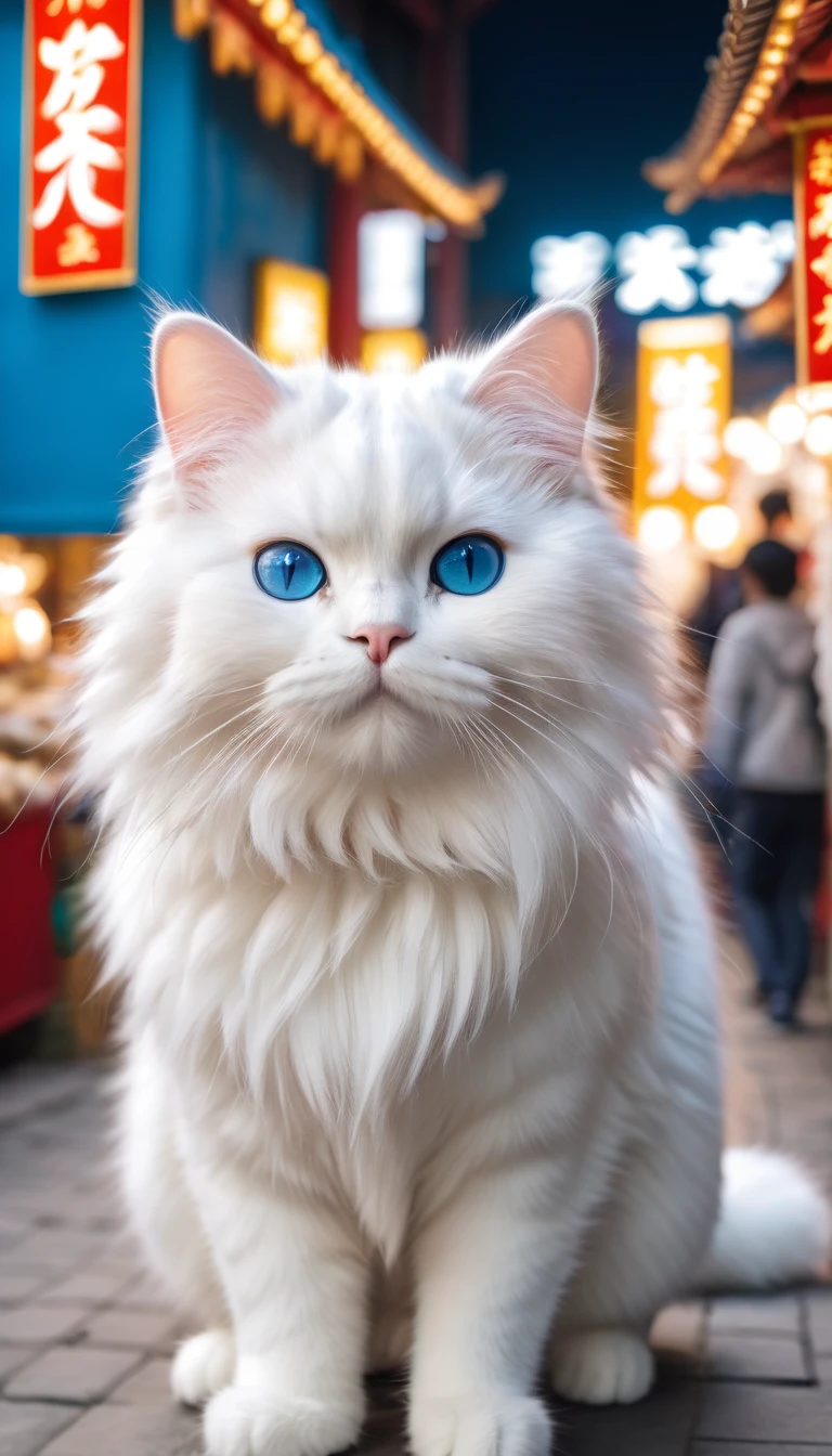 Fluffy white cat, Adventurer,Highly detailed cat and fur, Wearing a white hoodie, Stroll through the Chinese market, One animal,Highly detailed images, Kodak 400, Atmospheric light, 50mm lens, (Cat Eyes and Feature Details) Realistic Cat, blue eyes,8K,cute,Chubby,No pattern on the body、White Whole