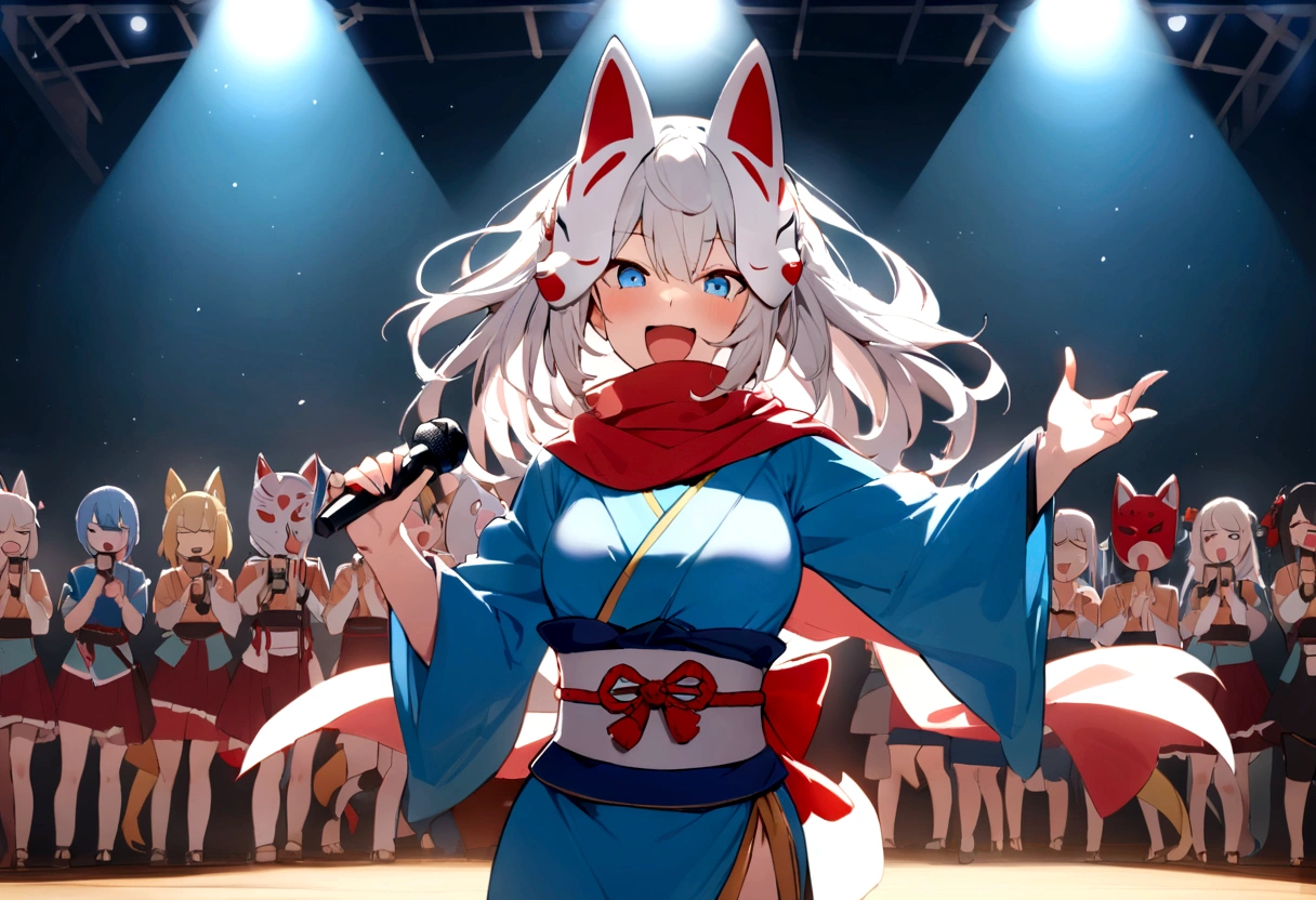 Pose like an idol、smile、Wink、microphoneを持って叫ぶ、Enthusiastic singing、Visible valley、Shout with your mouth wide open、Sing a song、microphone、(masterpiece, best quality:1.2), 1girl, 独奏,Wolf girl, fox mask, ninja, girl, long white hair, odd eyes, blue kimono, ninja girl, red and blue scarf, fantastic atmosphere.night、Singing on stage、microphoneを持って叫ぶ、、Aside exposure、Black fox mask、Shining Spotlight