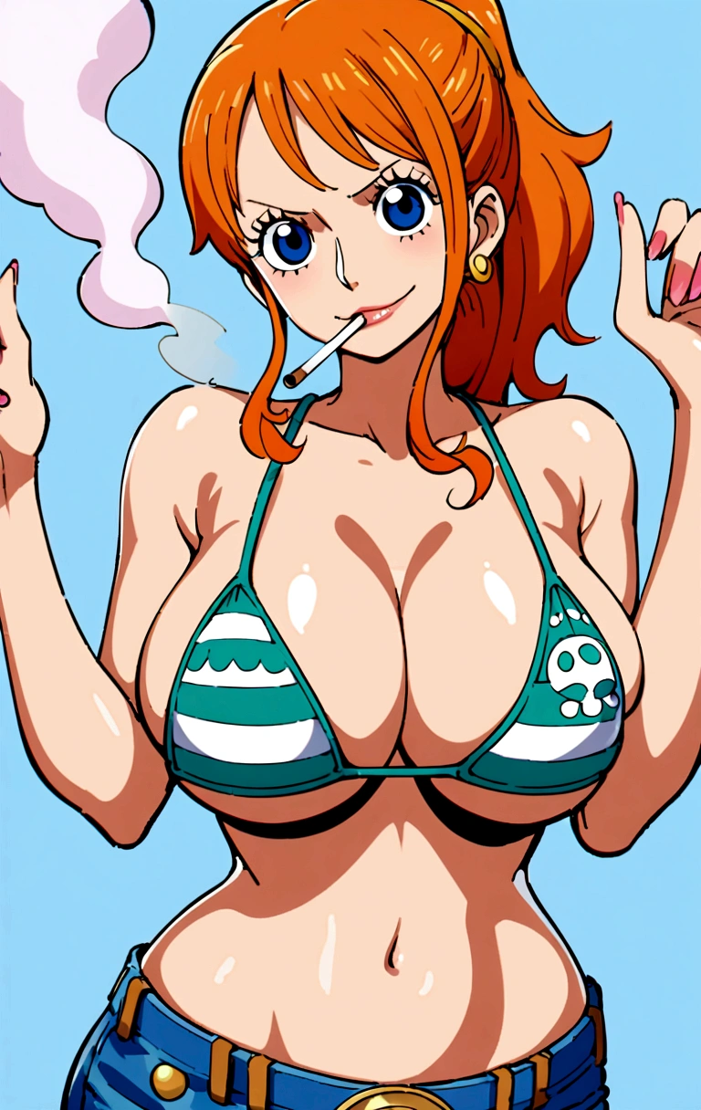 a cartoon picture of a woman in a bikini top and jeans, nami one piece, nami from one piece, nami, beautiful portrait of nami, from one piece, oppai, blue eyes, smoking, ponytail