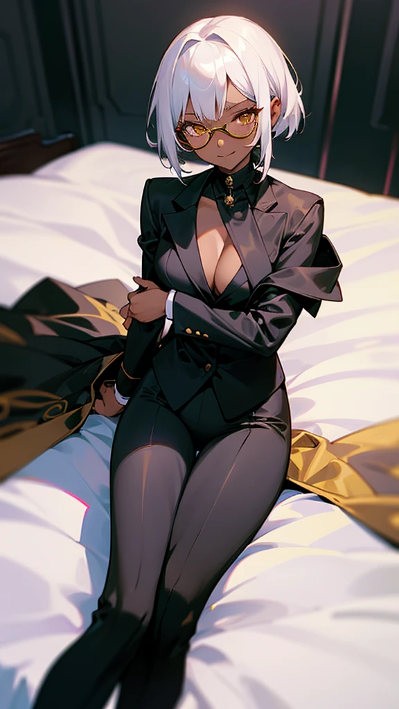 1 Female, adult, dark skinned women, long white short hair, hair over the ears, golden eyes, glasses, black business suit, black tailored jacket, white shirt, black pantsuit, off shoulder, malicious smile, sharp eye, (collarbone), sitting, on bed,