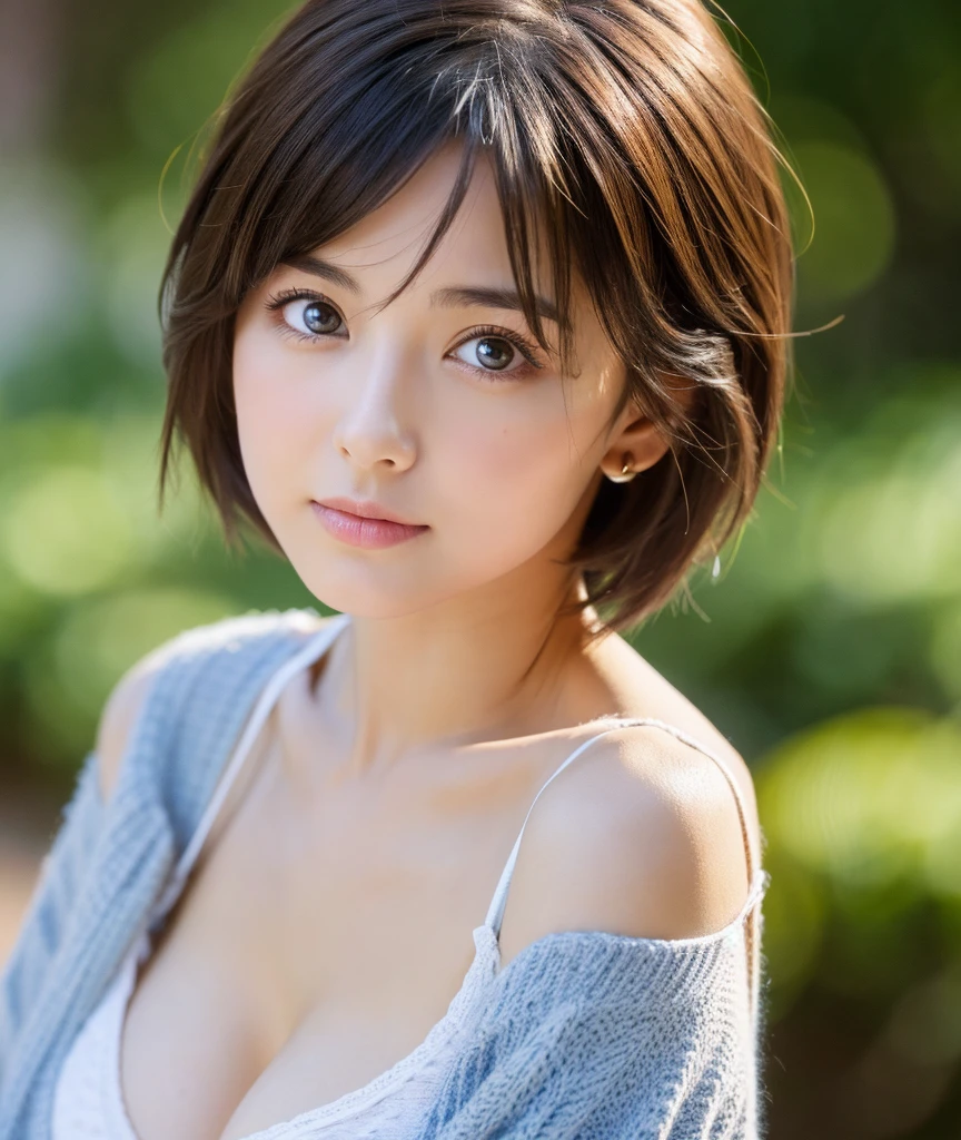 (real, High resolution:1.3), One girl with a perfect body, Very beautiful face and eyes,Short Hair, Trendy clothes, Big Breasts