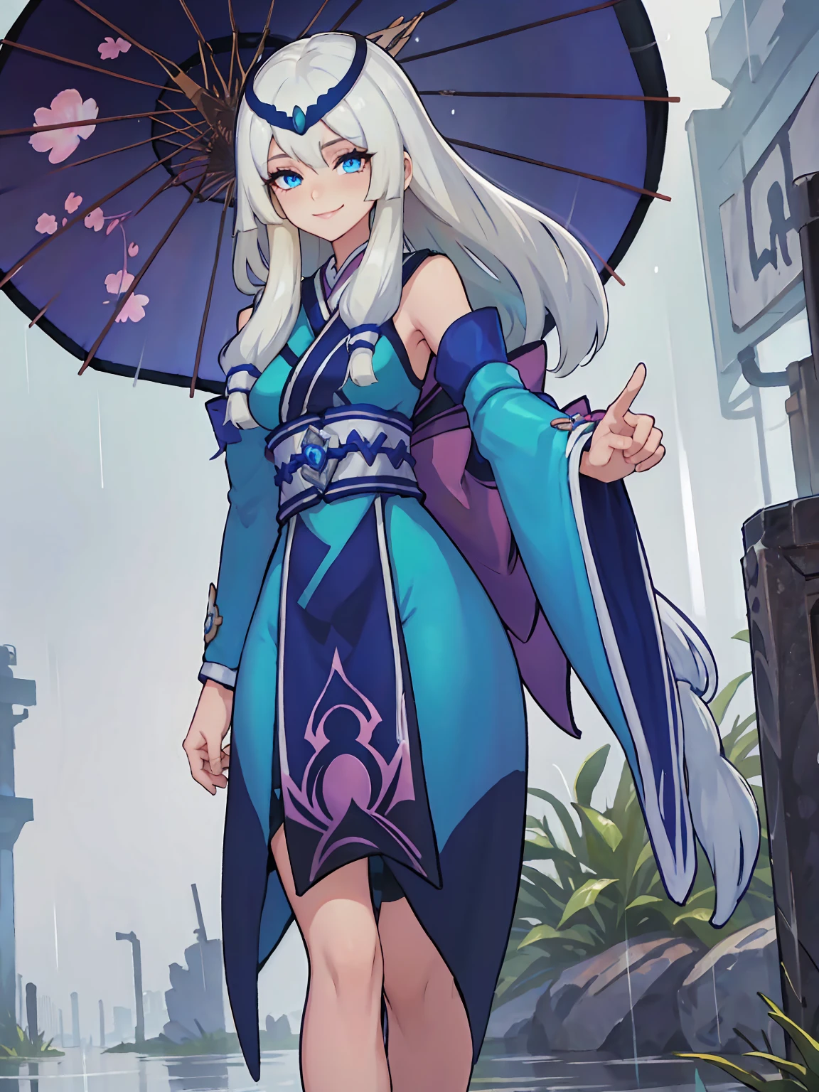 masterpiece, UHD, 4k, highres, ultra highres, hd, best quality, anime screencap, lineart, (1girl), solo, white hair, hair ornament, long hair, blue eyes, bright pupils, sparkling eyes, smile, holding umbrella, rain, rainy weather, rain drops, kagura from mobile legends, full body, full body shot, cold colors, 