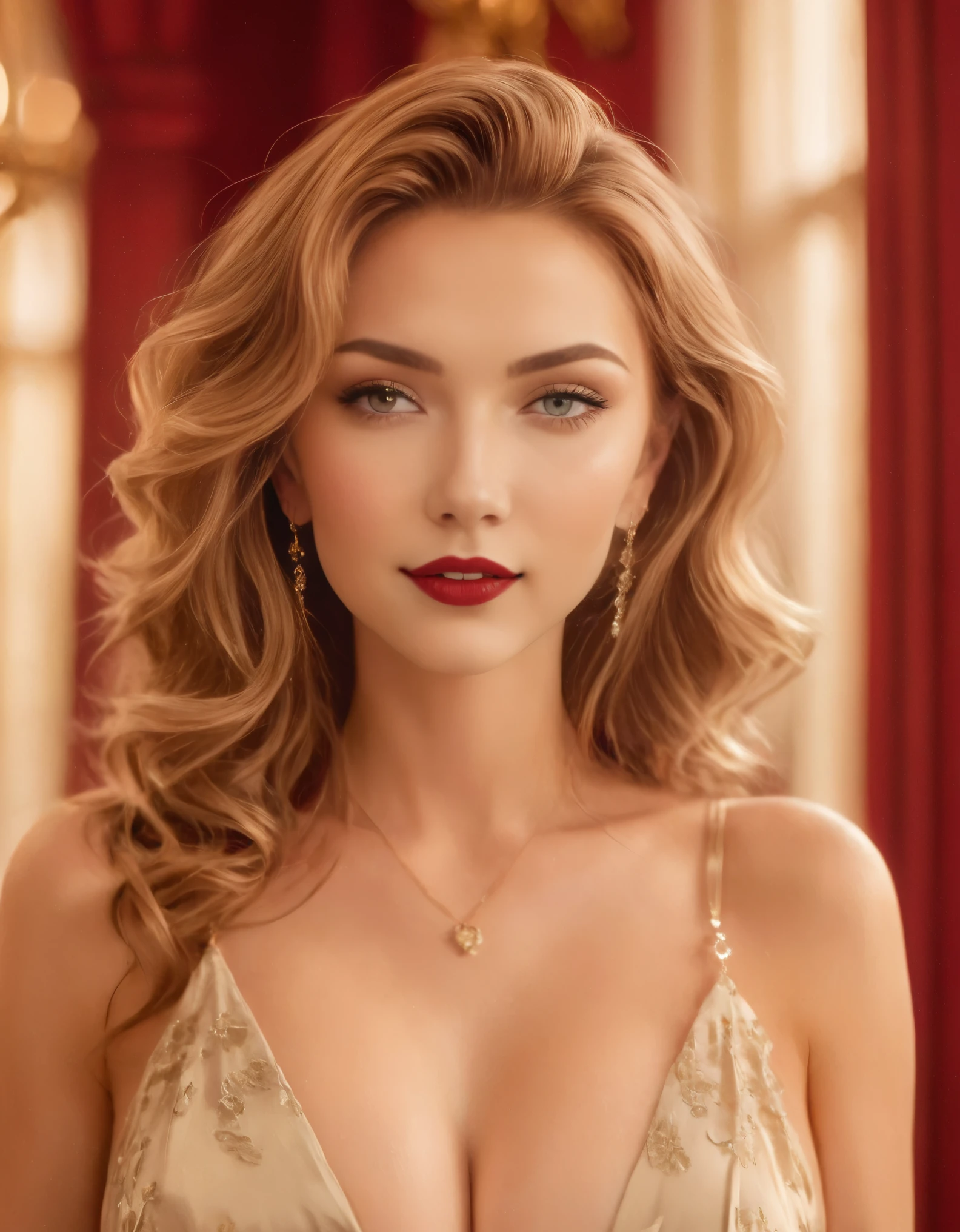 A stunning woman, smiling, with (short:1.6), wavy, red hair styled in vintage curls stands in an opulent, warmly lit room. She wears a glamorous gold dress with intricate patterns and thin straps, accentuating her elegant and poised demeanor. Her makeup is flawless, with red lipstick and subtle eye makeup, and she wears exquisite diamond-shaped earrings and luxury diamond necklace. Seductive pose. The background features a sophisticated, high-end setting with rich, red wallpaper, ornate golden pillars, and grand chandeliers casting a soft, ambient light. In the distance, elegantly dressed people can be seen engaging in conversation, contributing to the luxurious and timeless atmosphere of the scene. Hyper Realistic photo, 16k, Vibrant color