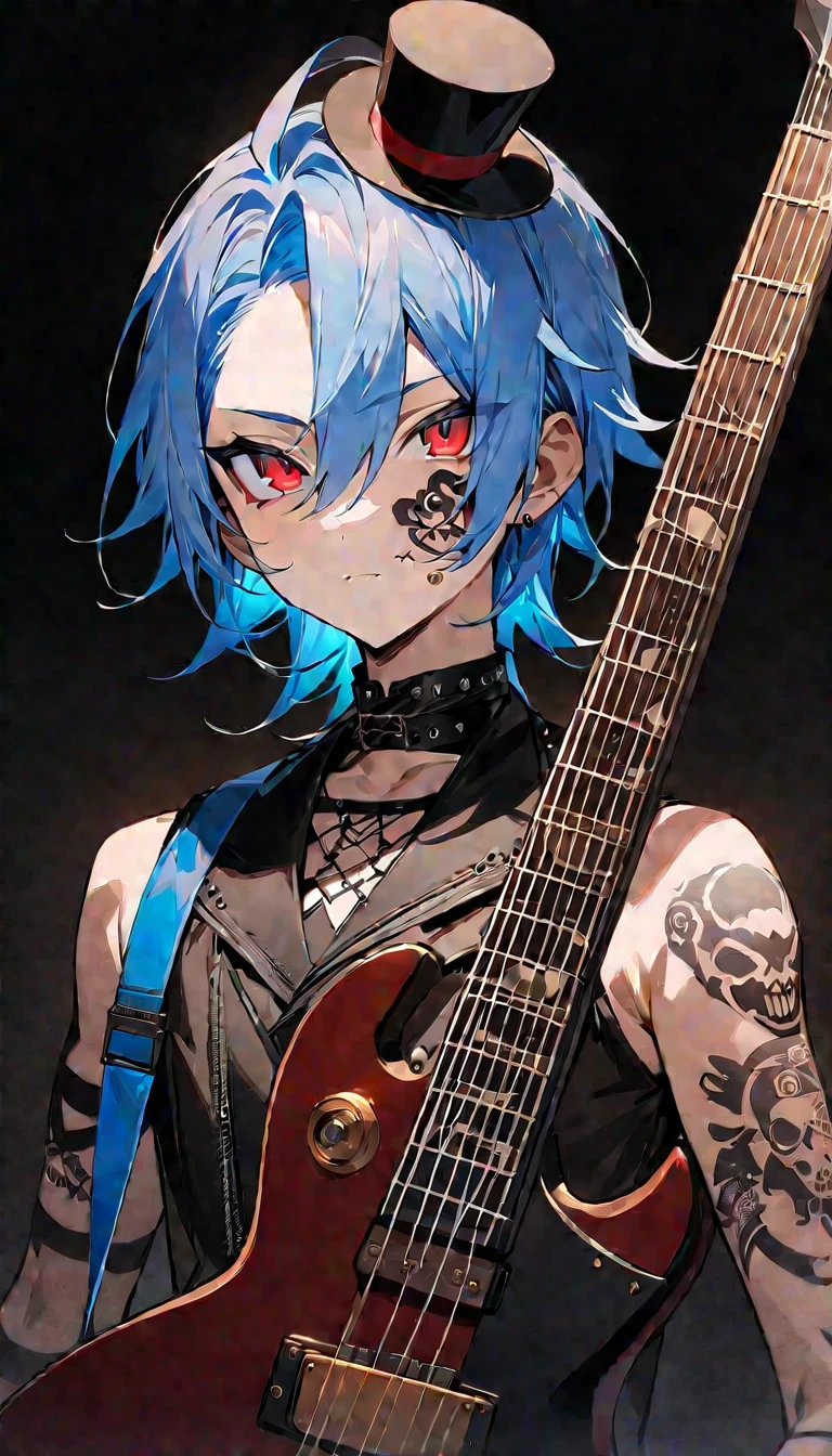 (((masterpiece,Highest quality))),((A male anime character with long blue hair, red eyes and a tattooed upper arm wearing a visual kei outfit, holding a guitar)),((Steampunk-style electric guitar)),((Steampunk-style electric guitarを持って立っている)),(((Small top hat,Tattoo on the right side of the face))),(((Black Background))),Focus on the whole body,(high quality),アニメ