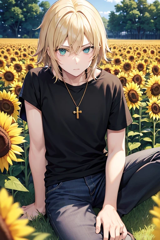 Anime boy, neutral expression, with shoulder length blonde hair, green eyes, black T-shirt, blue jeans, gold cross necklace, sitting in sunflower field