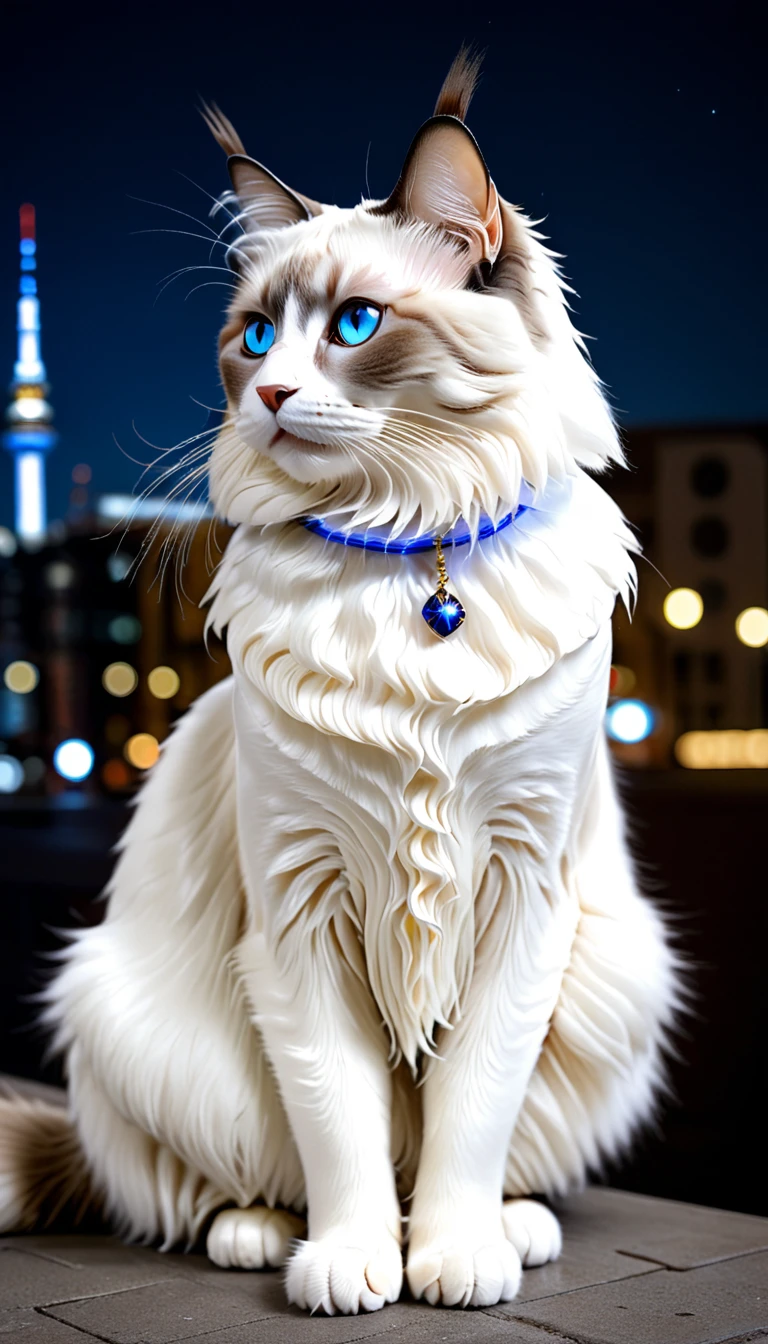 There is no one, realistic photo, photo realism, realism, ragdoll (Ragdoll) cat, perfect composition, intricate details, Very sharp, masterpiece, profile, high resolution, full body photo in city night view