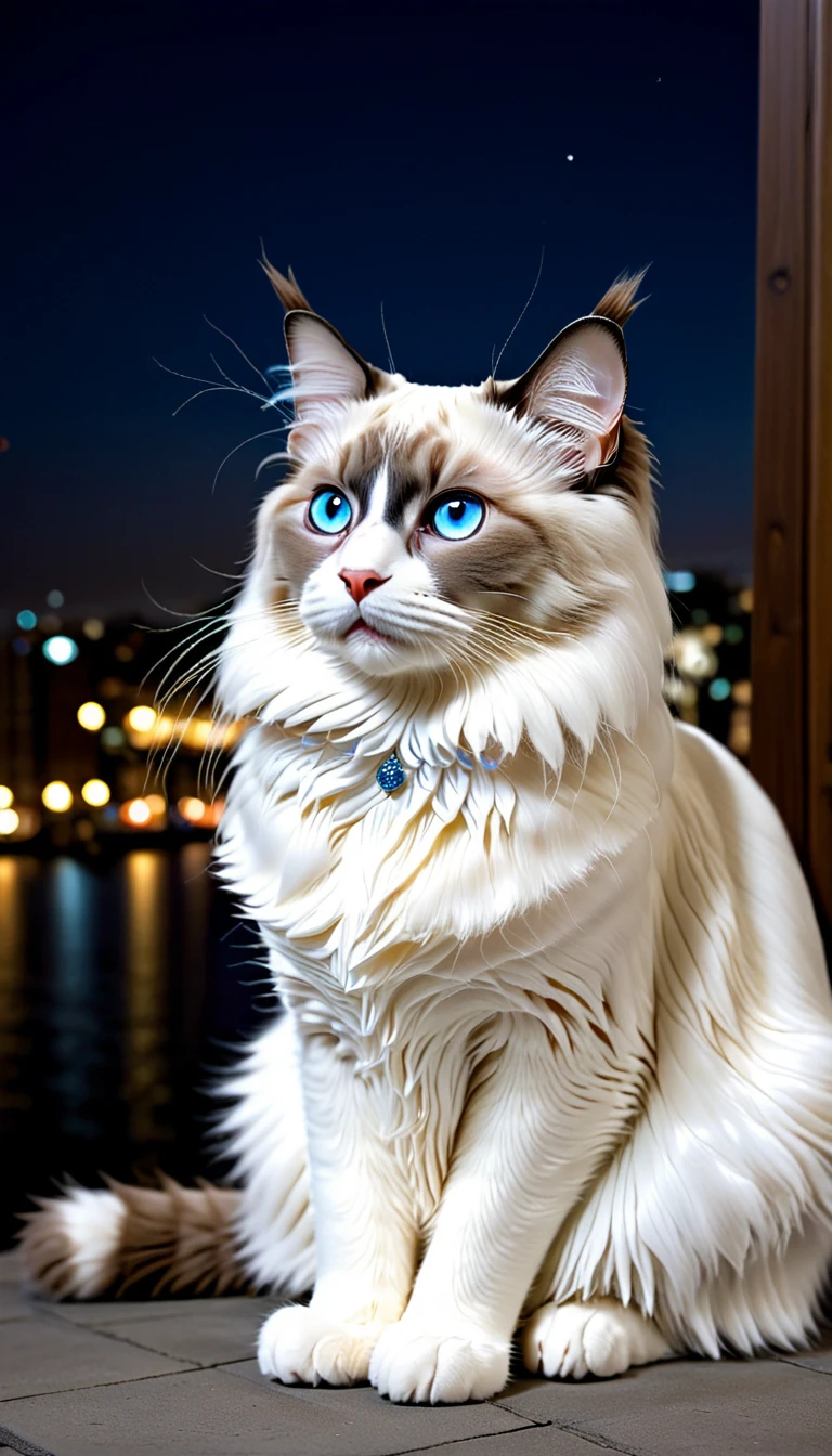 There is no one, realistic photo, photo realism, realism, ragdoll (Ragdoll) cat, perfect composition, intricate details, Very sharp, masterpiece, profile, high resolution, full body photo in city night view