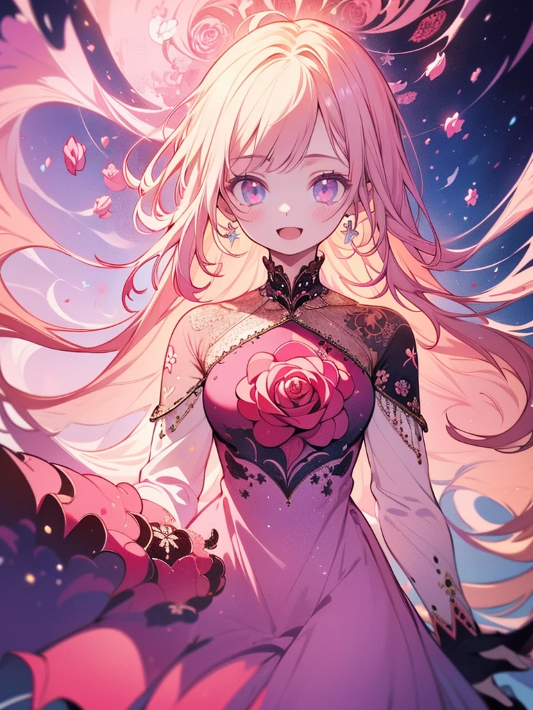(highest quality)), ((masterpiece)), ((Ultra-detailed)), (Very delicate and beautiful),(Rose fractal art:1.5),A girl with beautiful, detailed eyes,Abstract and mysterious girl, Long blonde hair,pink dress, A swirl of dreamy pastel colors and soft light, Evokes a sense of serene serenity and elusive beauty,Attention to detail,Captivating smile,Imaginative,in room with flowers,cowboy shot,open mouth